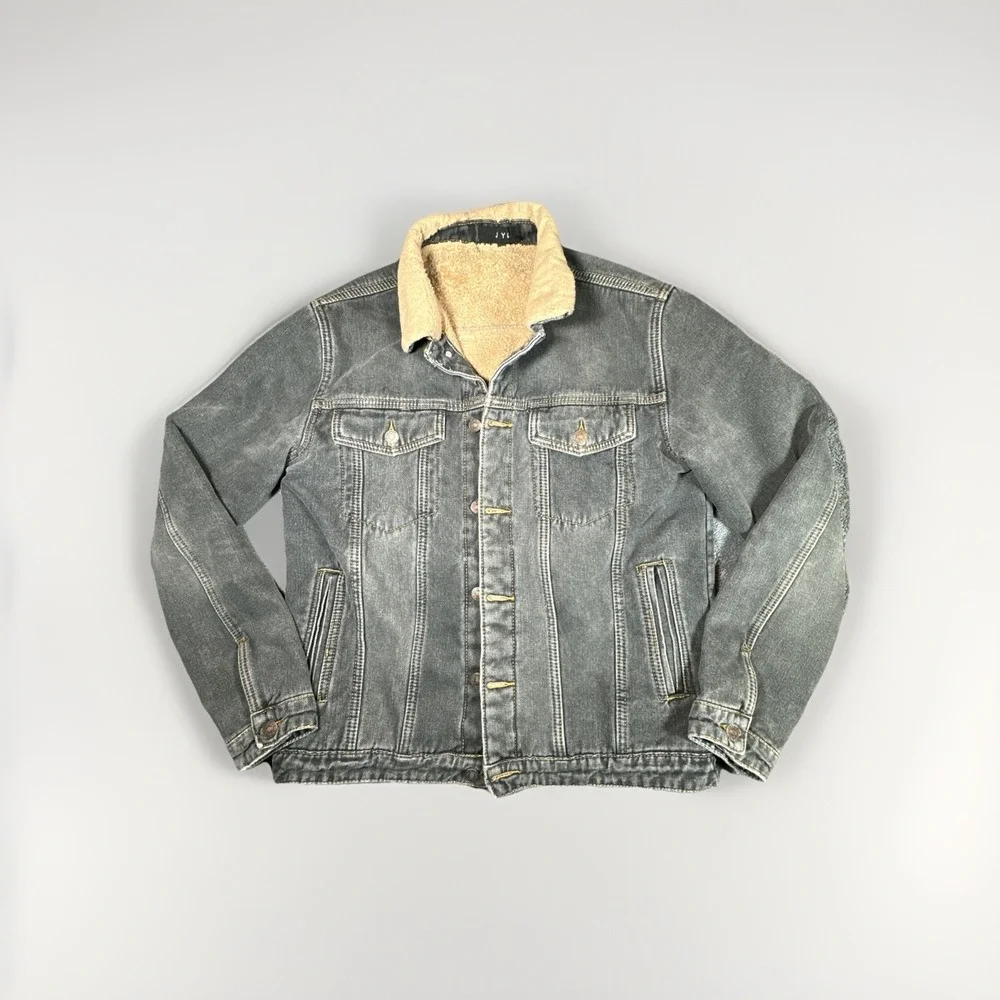 JYG Sherpa Lined Denim Trucker Jacket Gray Washed Button Front Men‎ L